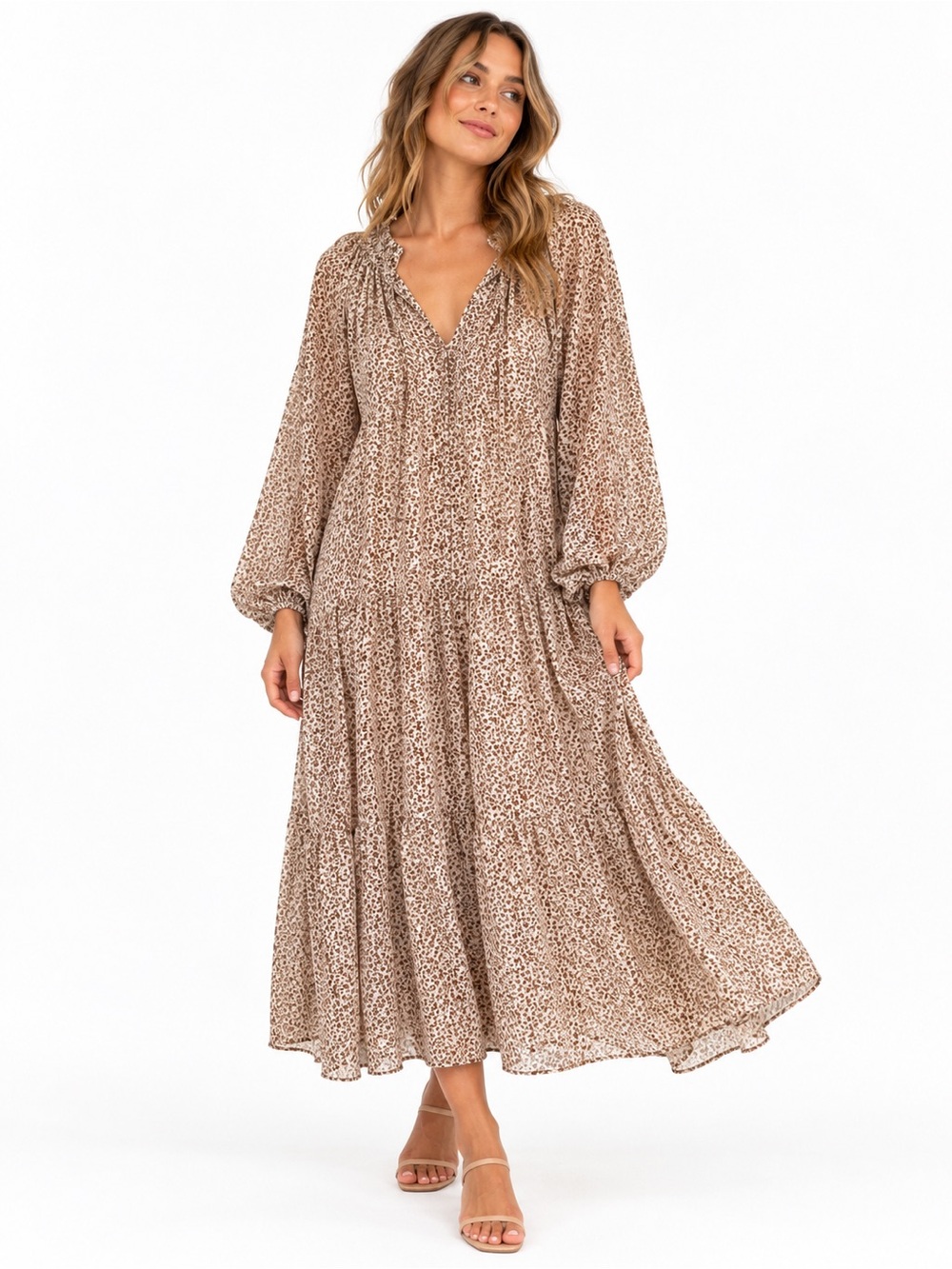 ASTR The Label Floral Dress Boho Tiered Maxi Long Sleeve size Large cottagecore